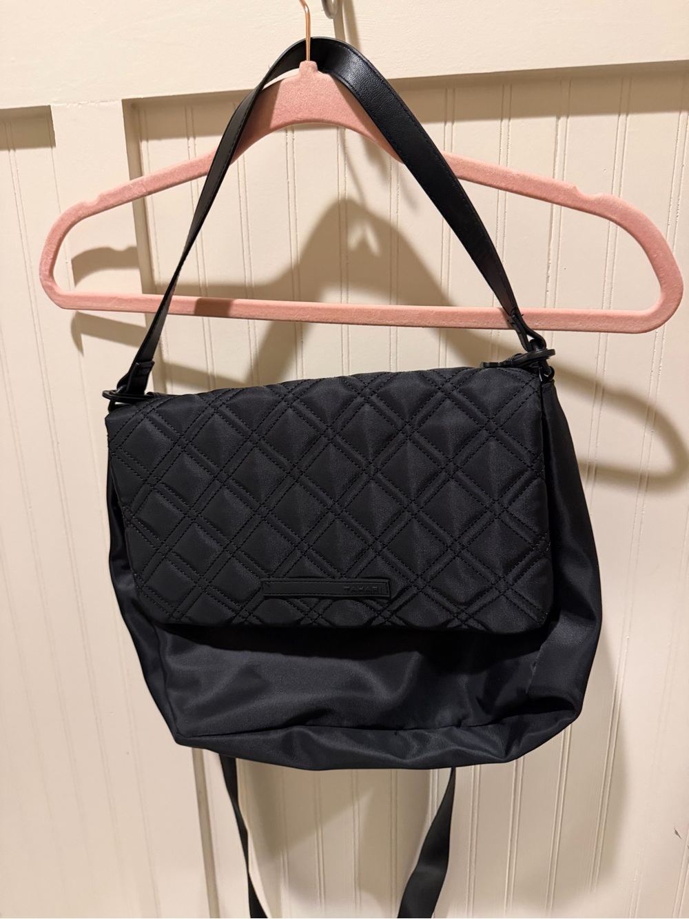 Tahari Black Quilted Flap Shoulder Bag with Smooth Strap